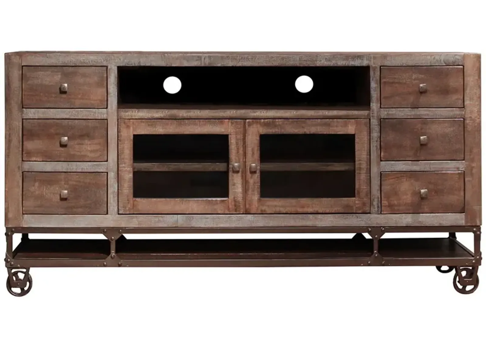 Solid Wooden Cabinet Enclosed Storage, Distressed TV Stand - Brown