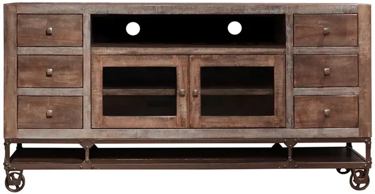 Solid Wooden Cabinet Enclosed Storage, Distressed TV Stand - Brown