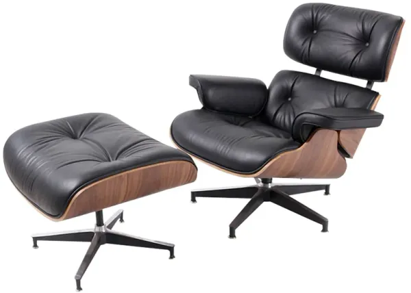 Tufted Leather Swivel Lounge Chair with Ottoman 35" - Black And Brown