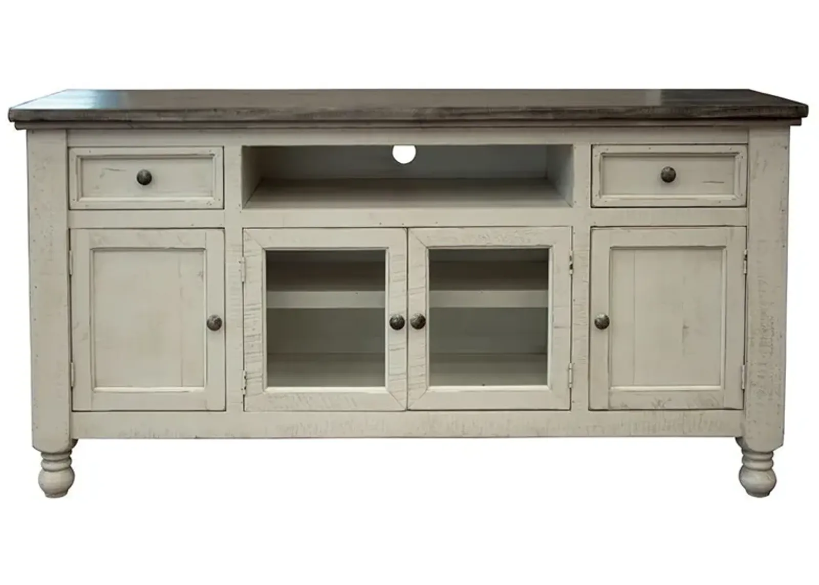 Solid Wood Open Shelving Distressed, TV Stand - Ivory