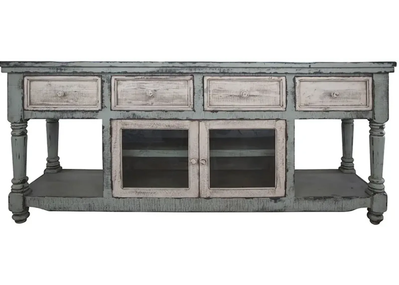 Solid Wood Open Shelving Distressed TV Stand - Blue / White