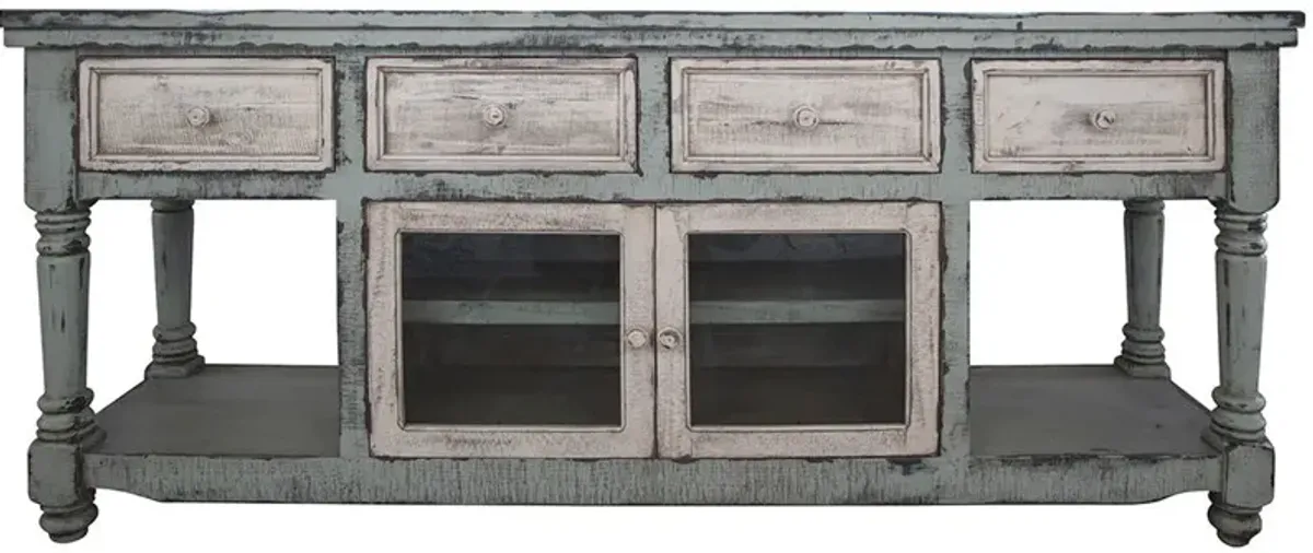 Solid Wood Open Shelving Distressed TV Stand - Blue / White