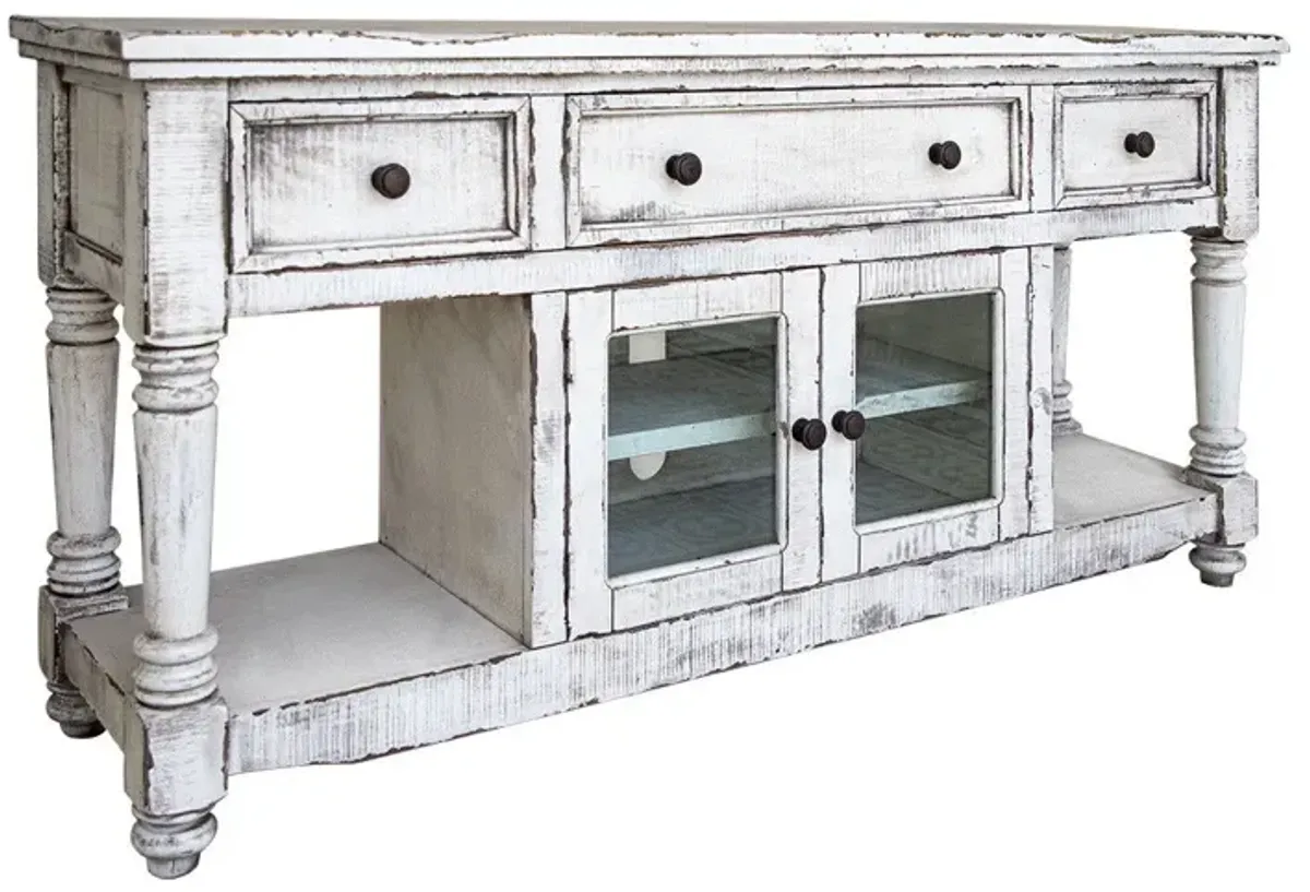 Solid Wood Open Shelving Distressed TV Stand - White