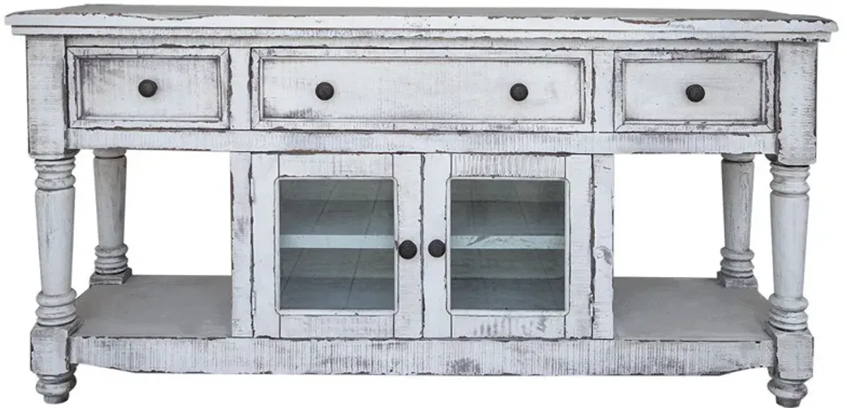 Solid Wood Open Shelving Distressed TV Stand - White