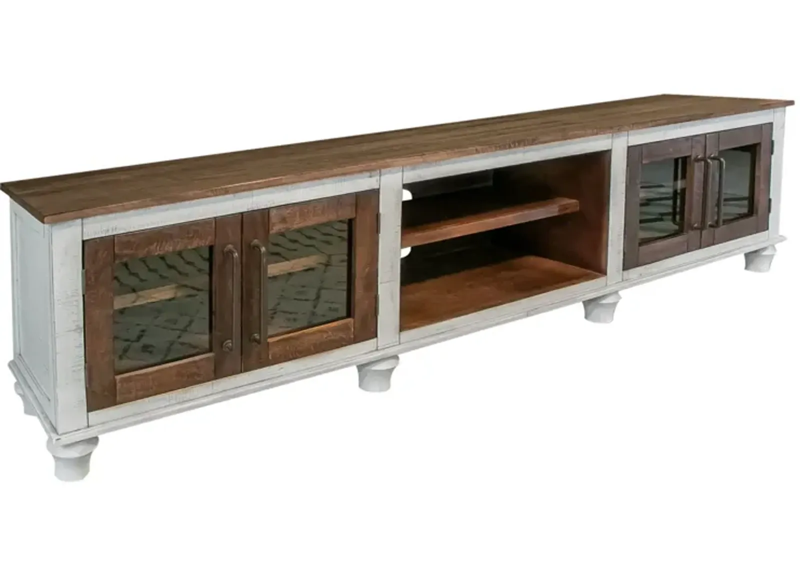 Solid Wood Cabinet Enclosed Storage Distressed TV Stand - Brown / Ivory