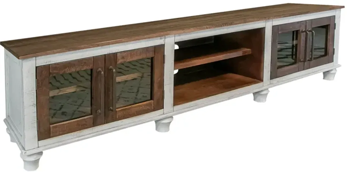 Solid Wood Cabinet Enclosed Storage Distressed TV Stand - Brown / Ivory