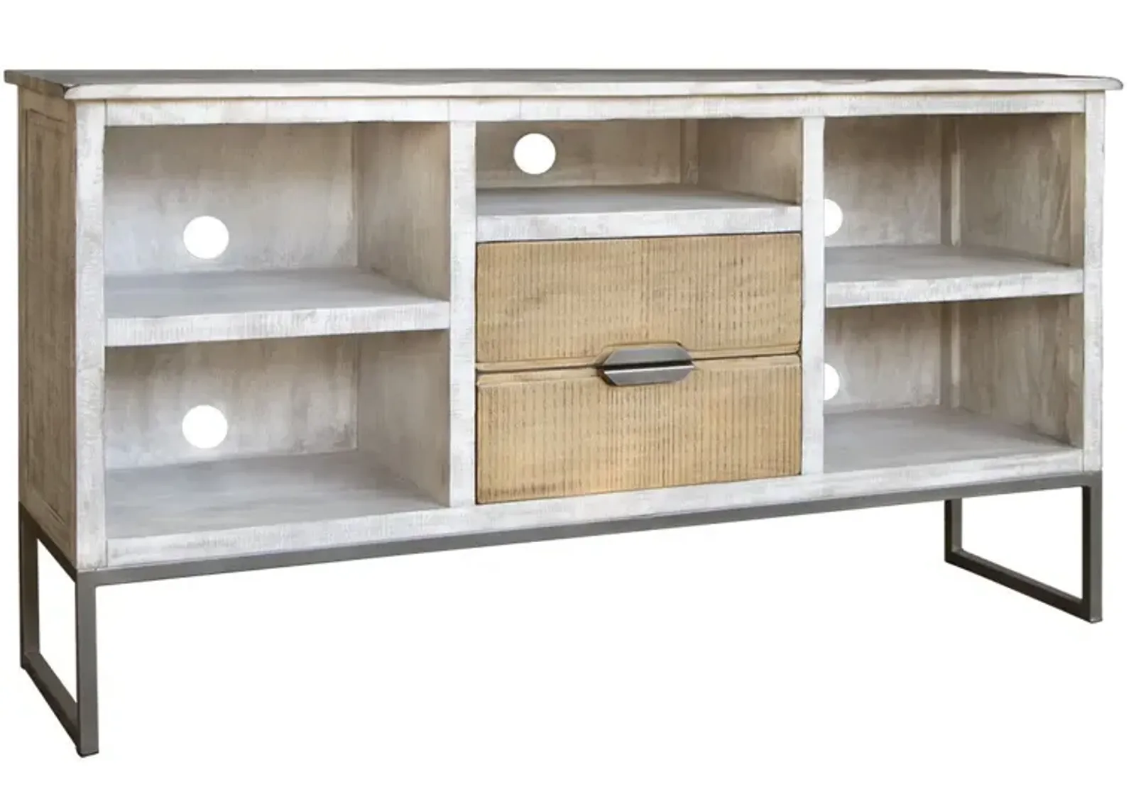 Solid Wood Open Shelving Distressed TV Stand - Light Gray