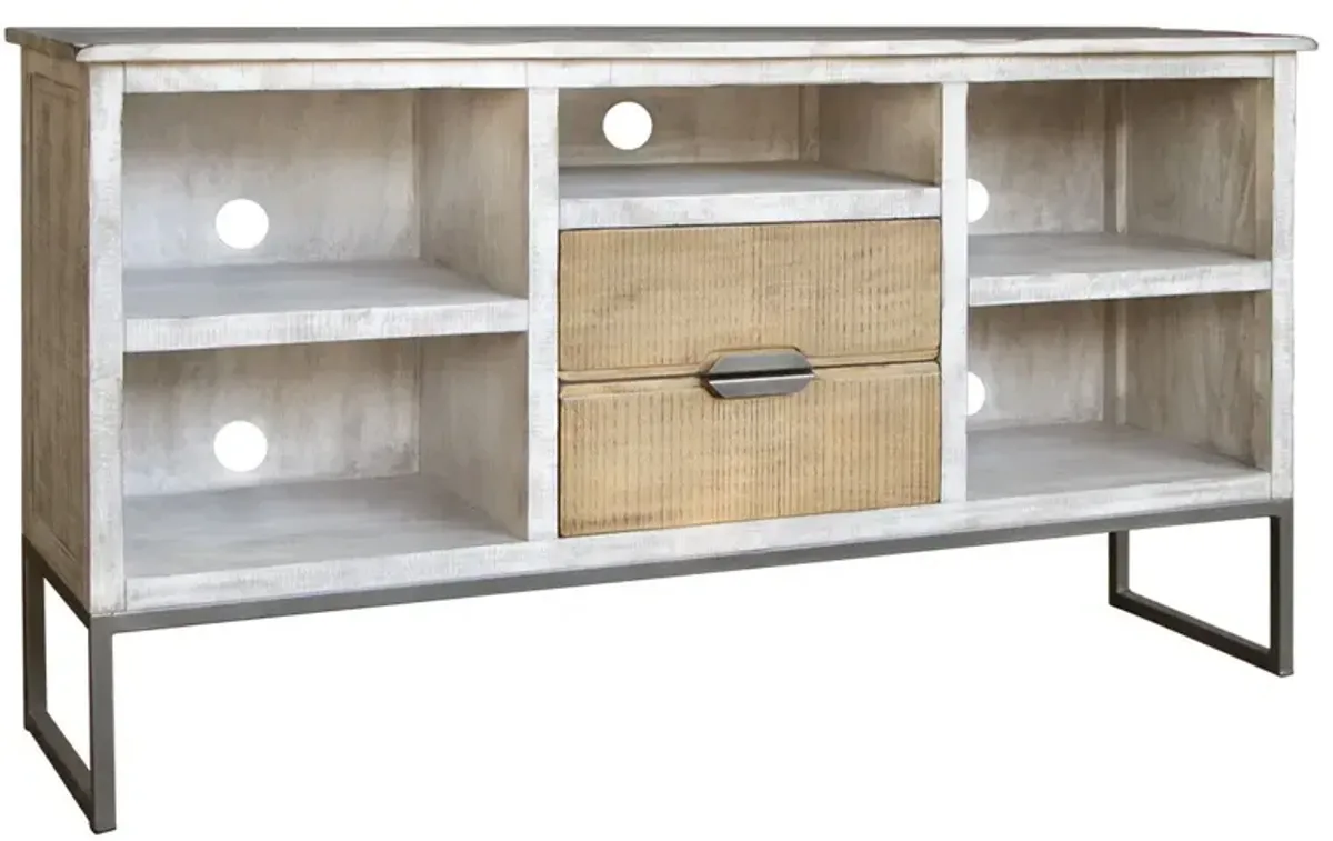 Solid Wood Open Shelving Distressed TV Stand - Light Gray