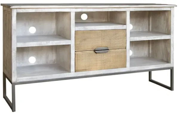Solid Wood Open Shelving Distressed TV Stand - Light Gray