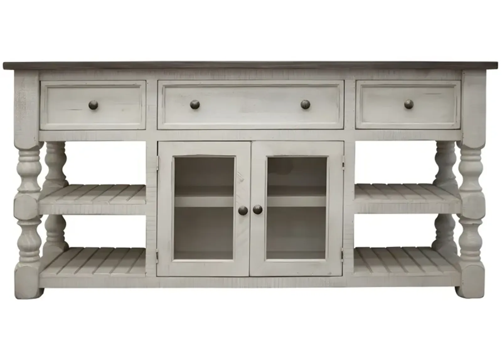 Solid Wood Open Shelving Distressed TV Stand - Ivory