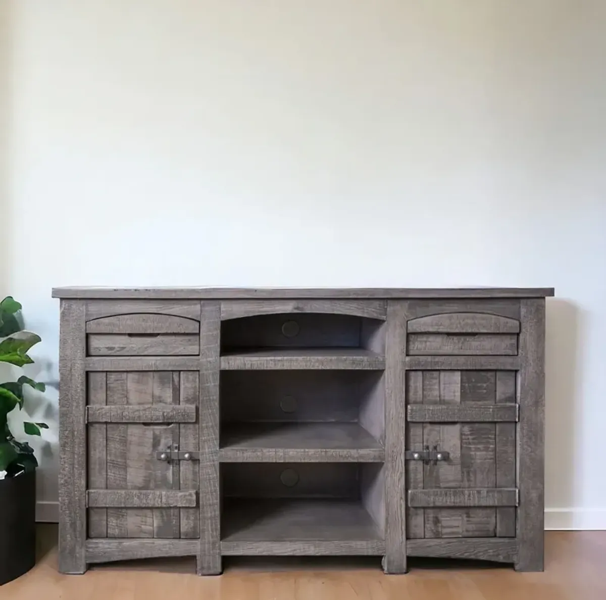 Wood Cabinet Enclosed Storage Distressed TV Stand - Gray