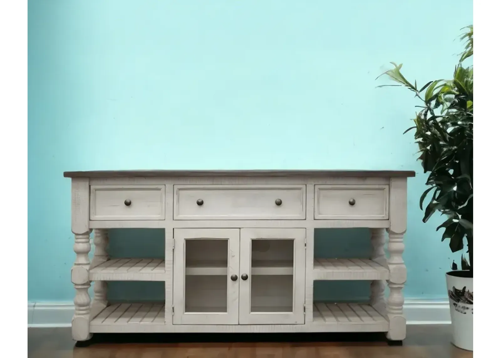 Solid Wood, Open Shelving Distressed TV Stand - Ivory