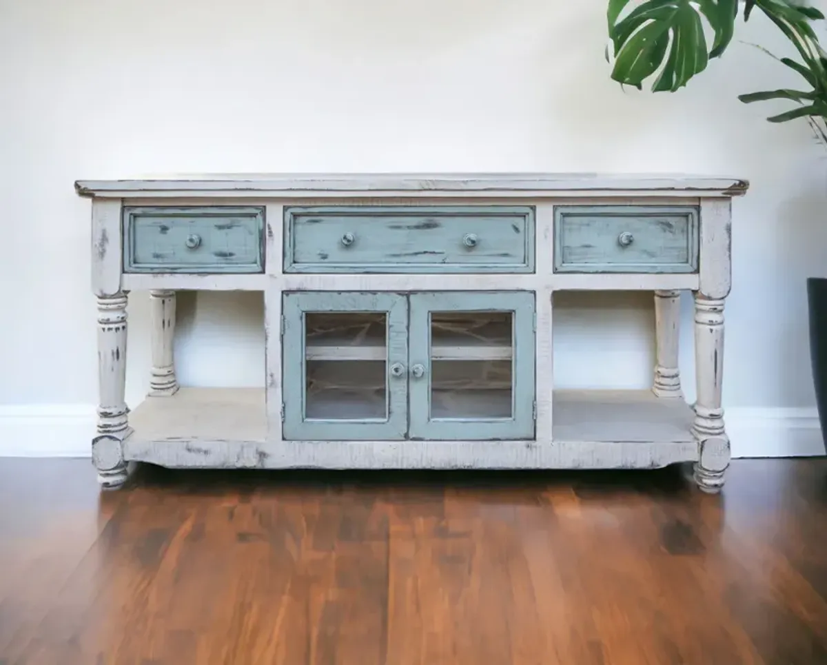 Open Shelving Distressed TV Stand - Blue / White