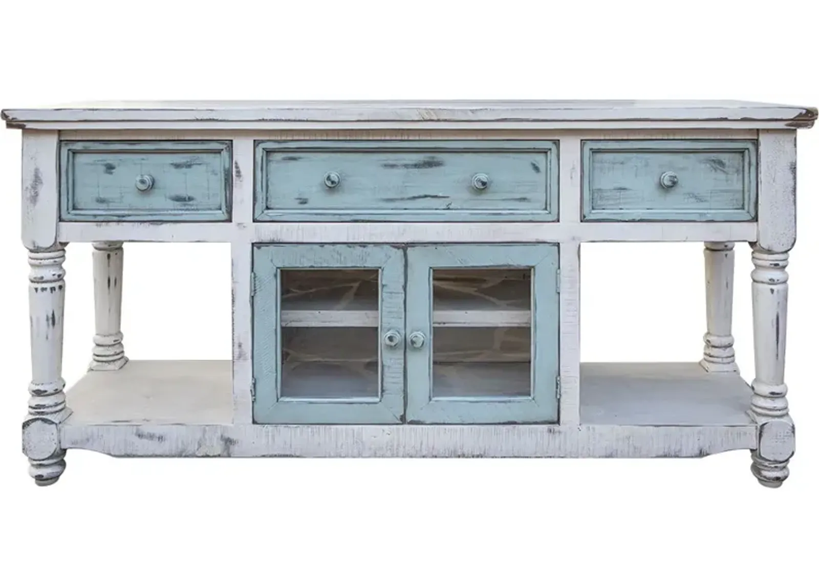 Open Shelving Distressed TV Stand - Blue / White