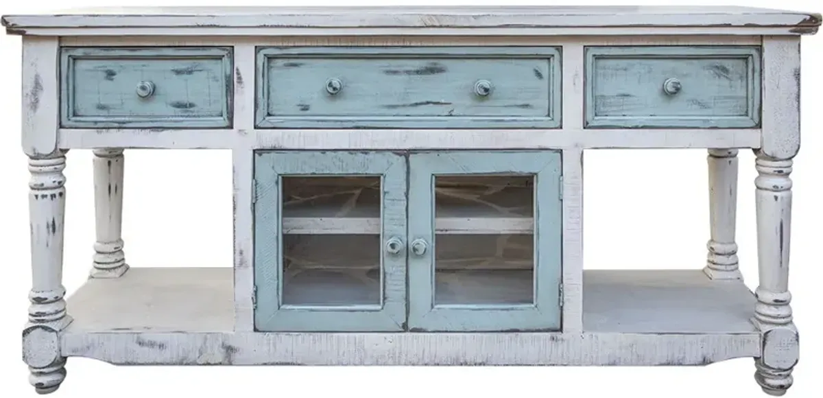 Open Shelving Distressed TV Stand - Blue / White