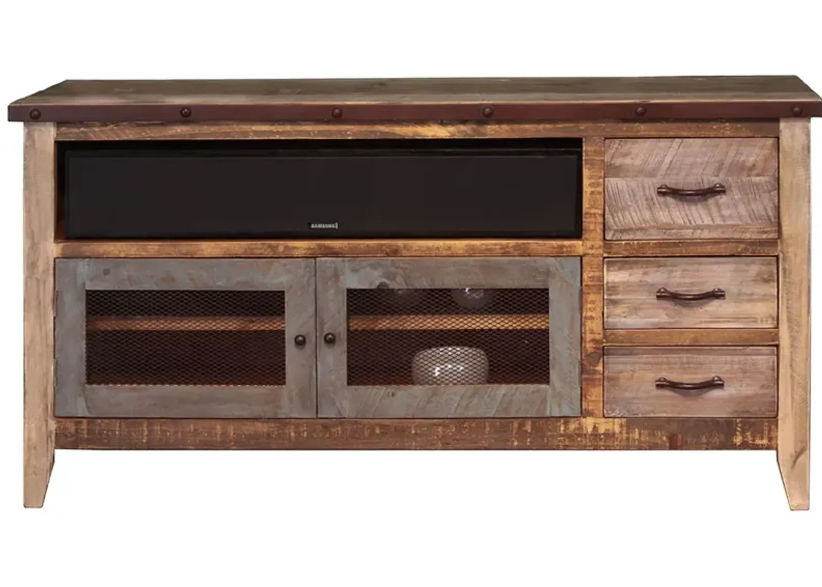 Cabinet Enclosed Storage, Distressed TV Stand - Brown