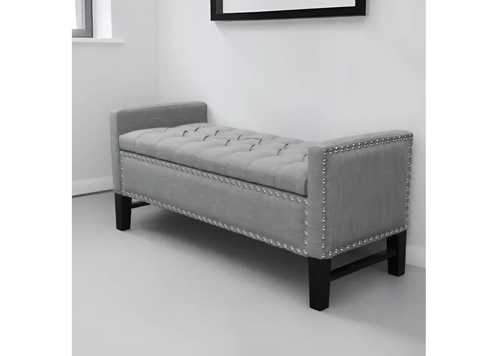 Upholstered Linen Bench With Flip Top - Light Gray / Black