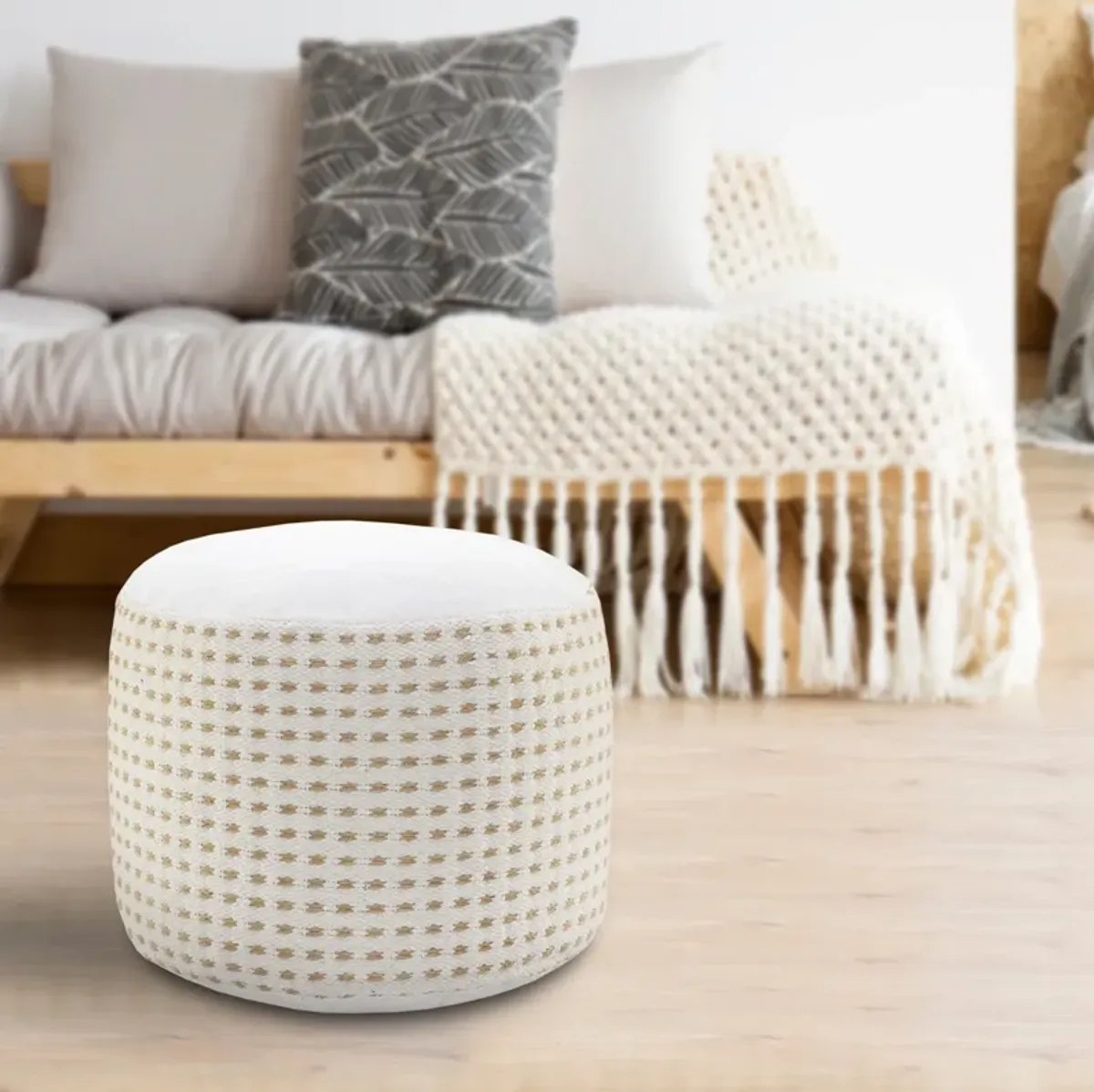 Jute Round Geometric Pouf Ottoman - White