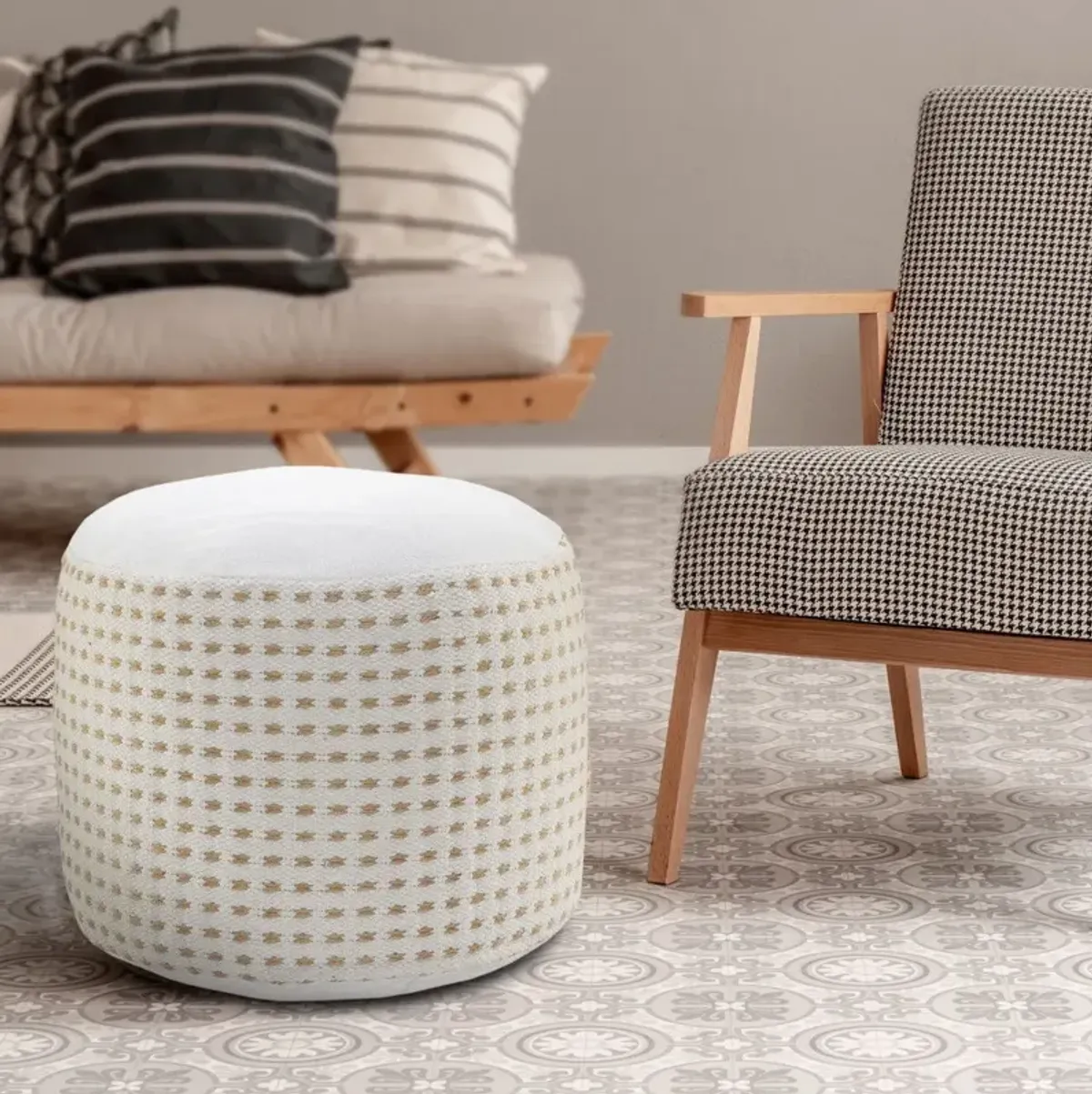 Jute Round Geometric Pouf Ottoman - White