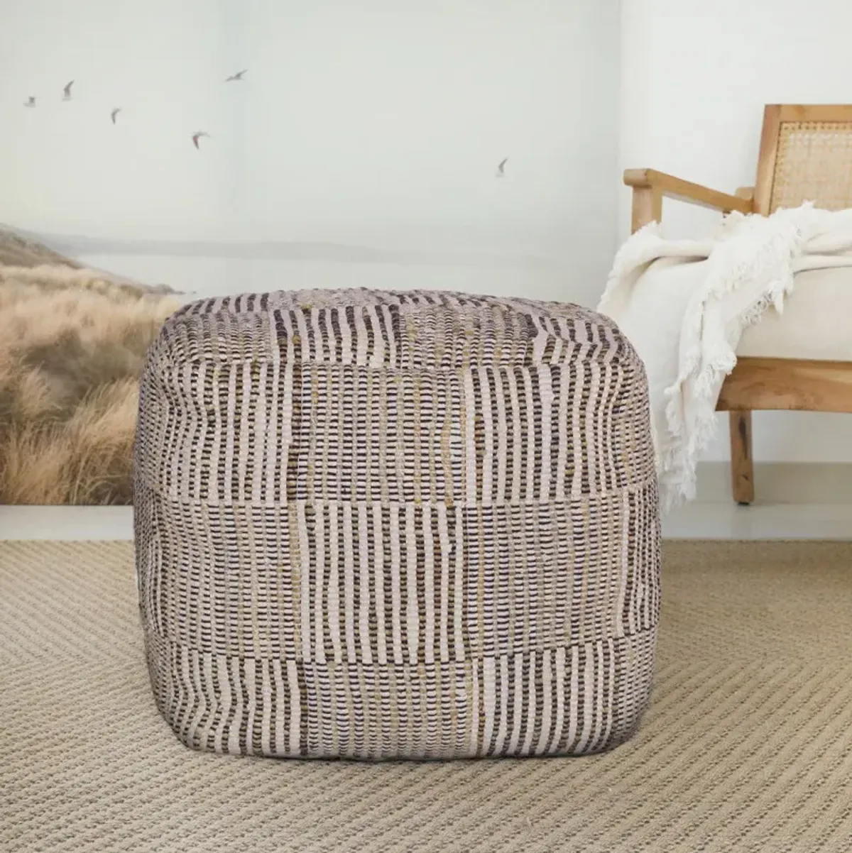 Cotton Cube Geometric Pouf Ottoman - Brown