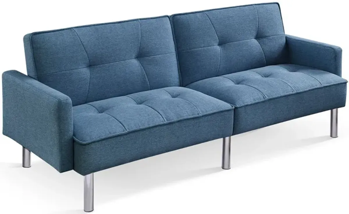 Polyester Blend Convertible Futon Sleeper Sofa And Toss Pillows With Silver Legs - Blue