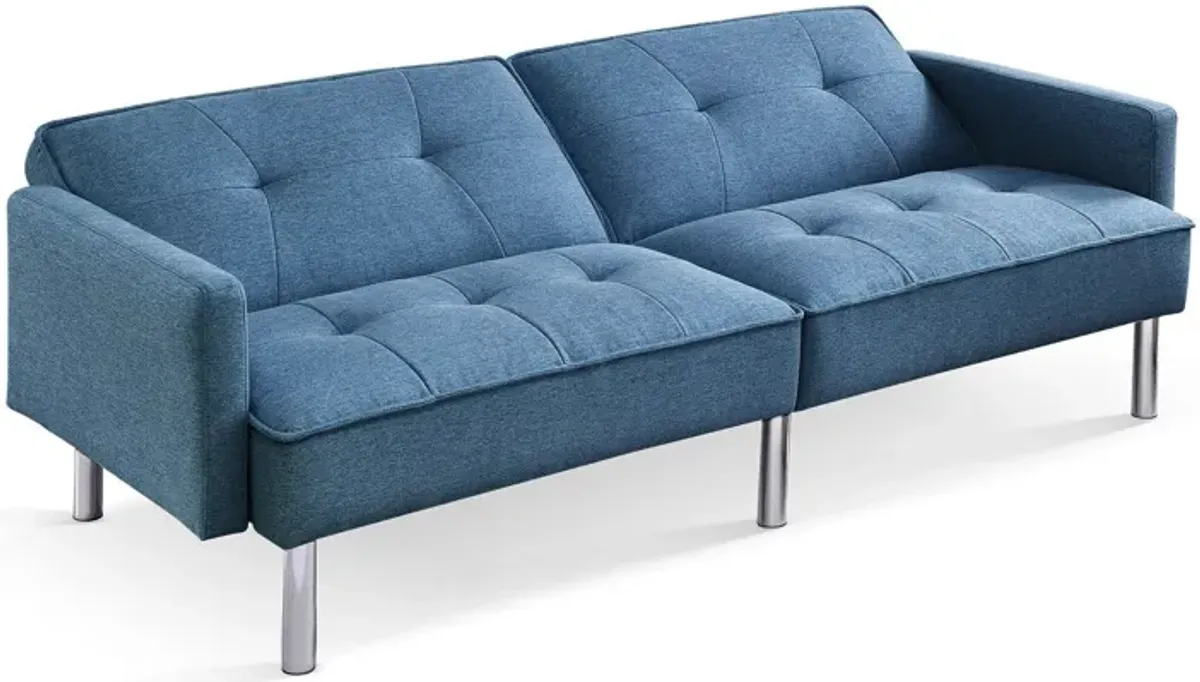 Polyester Blend Convertible Futon Sleeper Sofa And Toss Pillows With Silver Legs - Blue