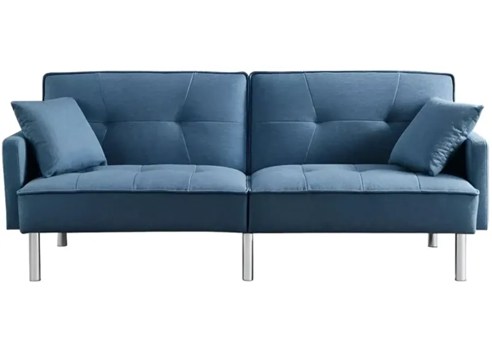 Polyester Blend Convertible Futon Sleeper Sofa And Toss Pillows With Silver Legs - Blue