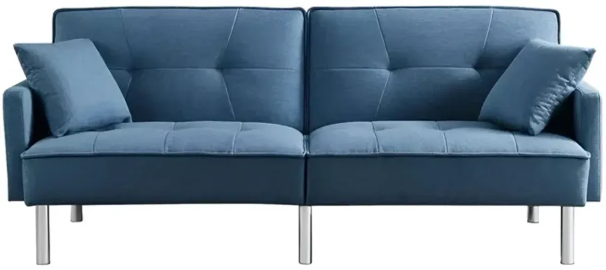 Polyester Blend Convertible Futon Sleeper Sofa And Toss Pillows With Silver Legs - Blue