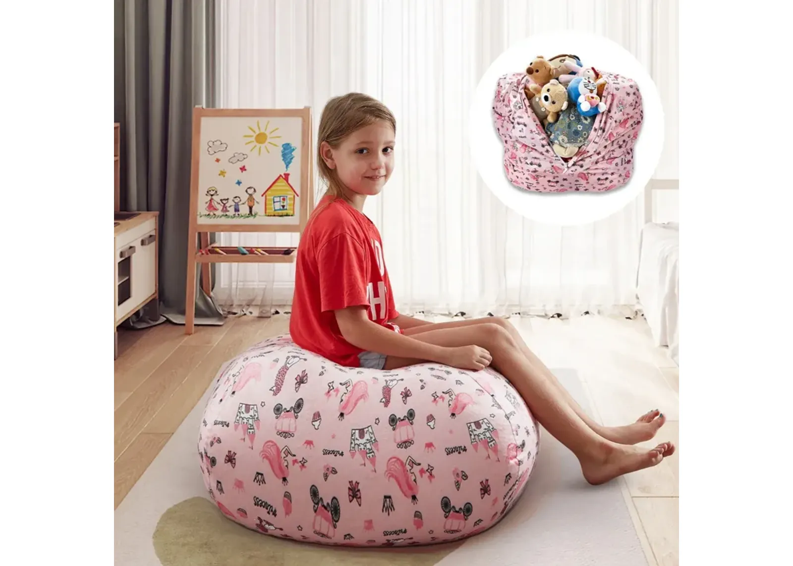 Microfiber Round Princess Pouf Cover - Pink / White