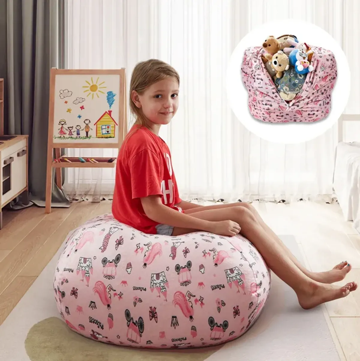 Microfiber Round Princess Pouf Cover - Pink / White