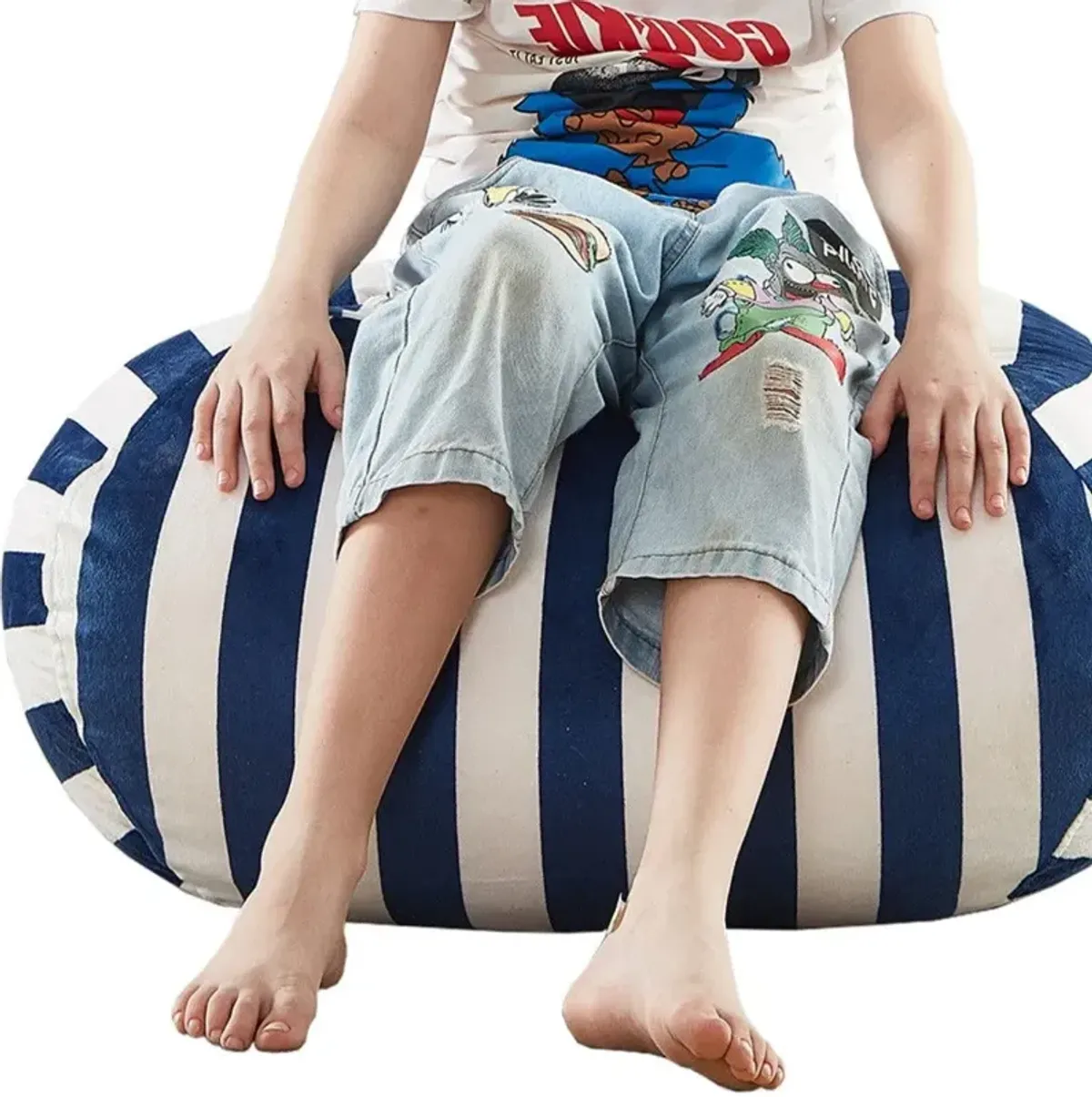 Microfiber Round Striped Pouf Cover - Blue / White