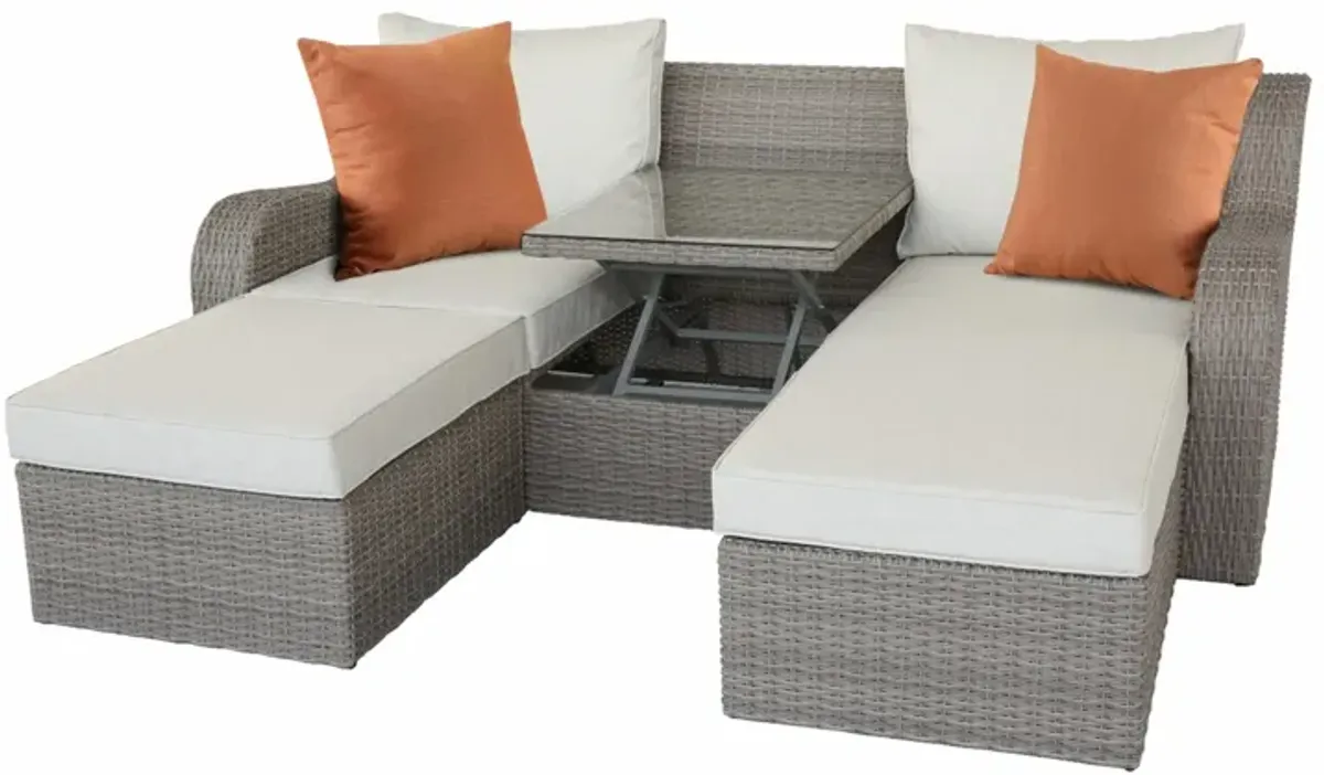 Three Piece Outdoor Wicker Sectional Seating Group With Beige Cushions - Gray