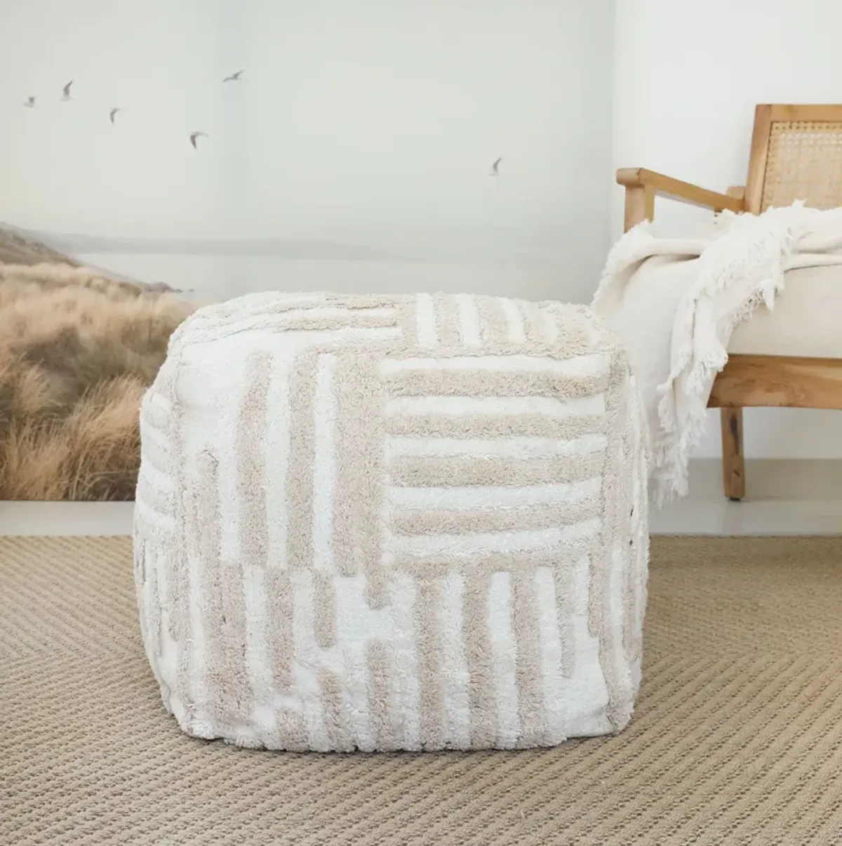 Cotton Cube Striped Pouf Ottoman - Beige