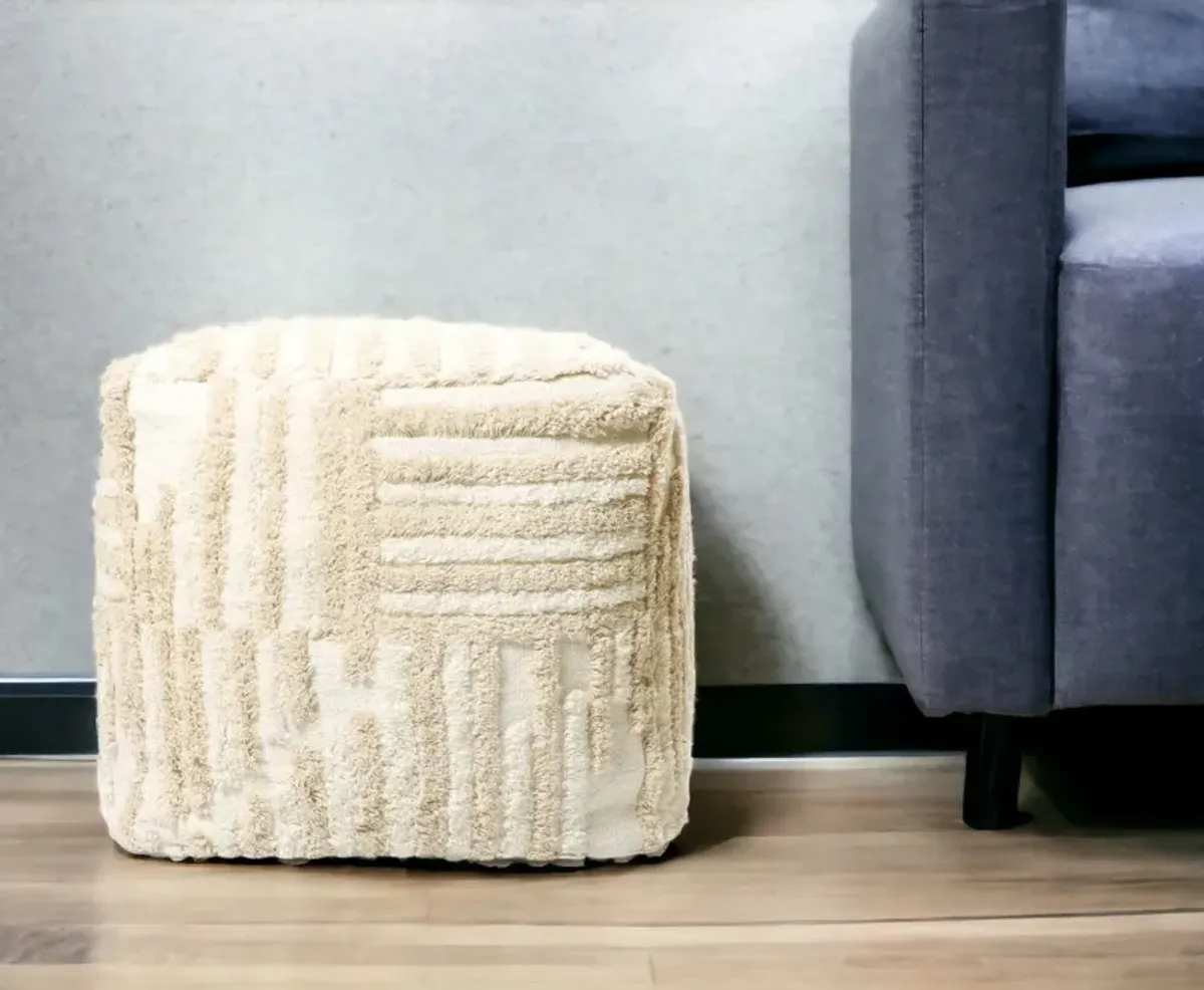 Cotton Cube Striped Pouf Ottoman - Beige