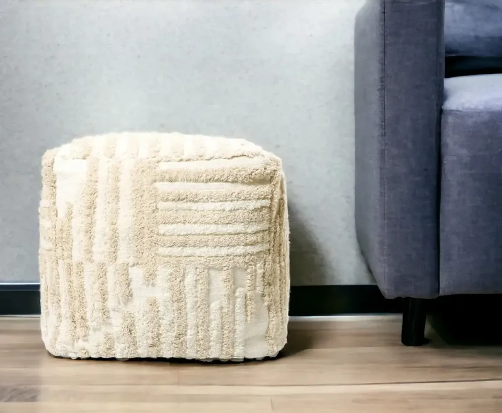 Cotton Cube Striped Pouf Ottoman - Beige