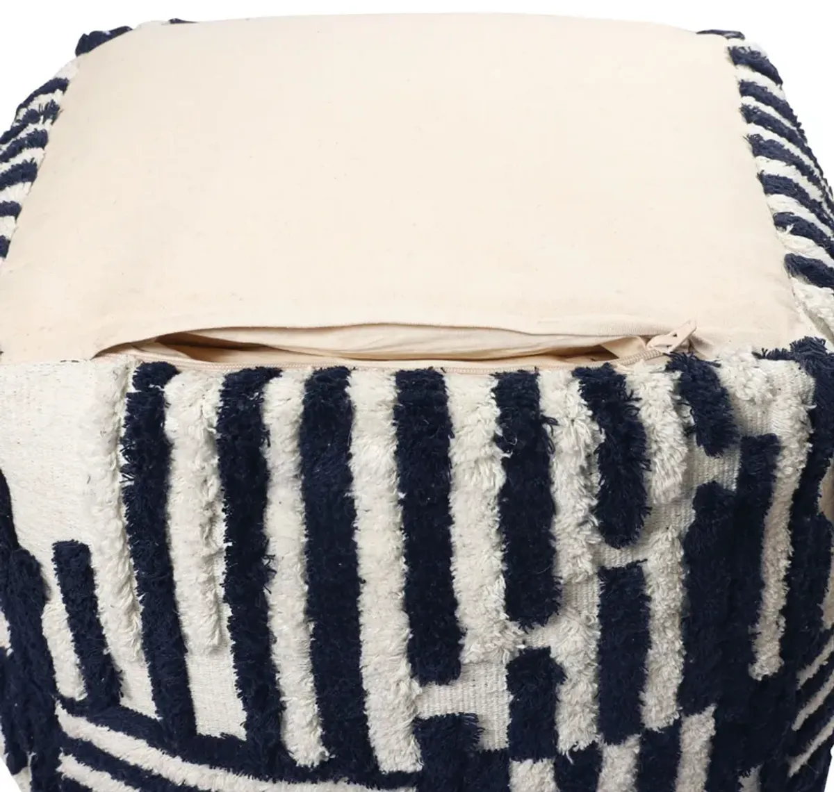 Cotton Cube, Striped Pouf Ottoman - Blue