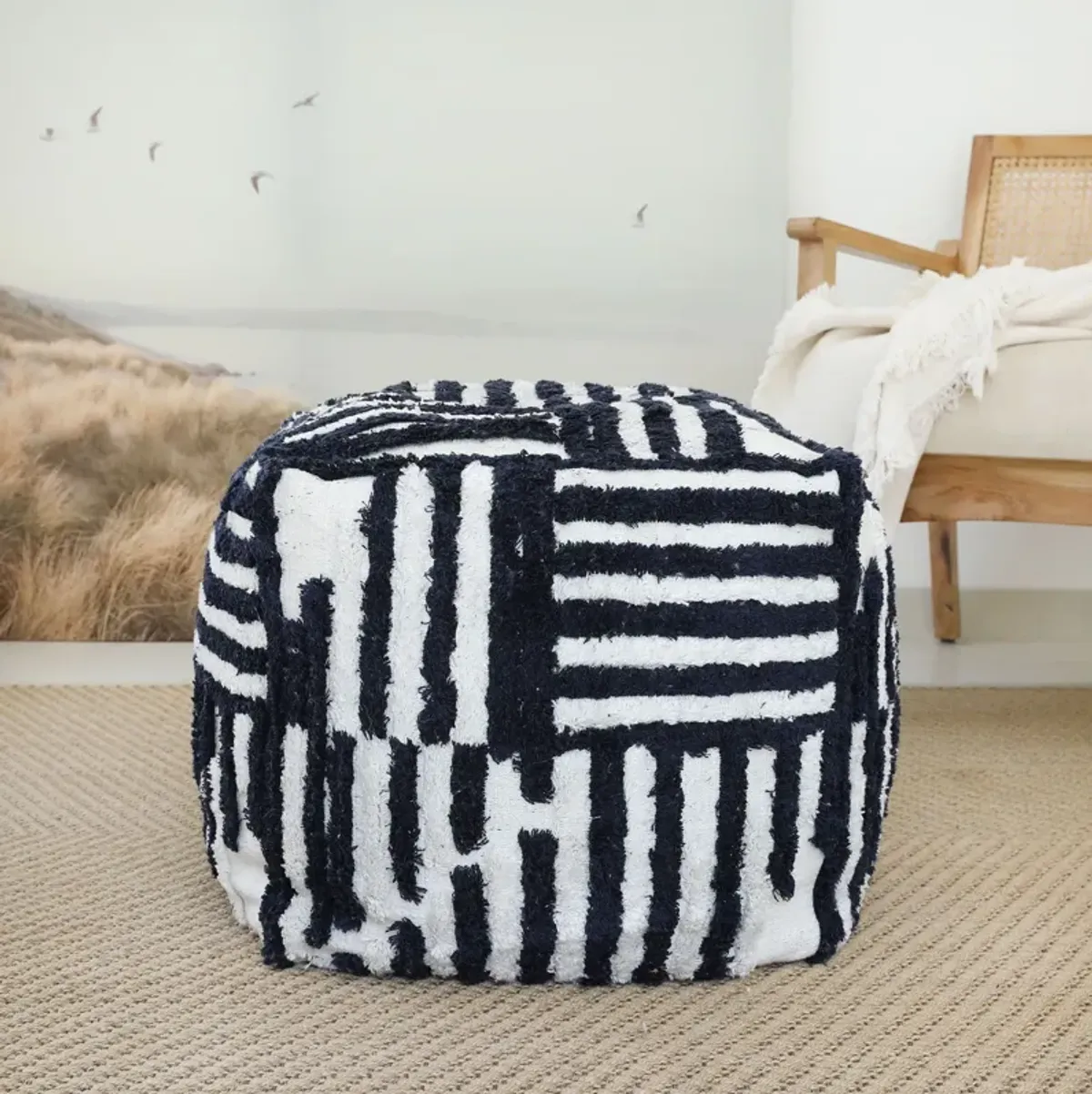 Cotton Cube, Striped Pouf Ottoman - Blue