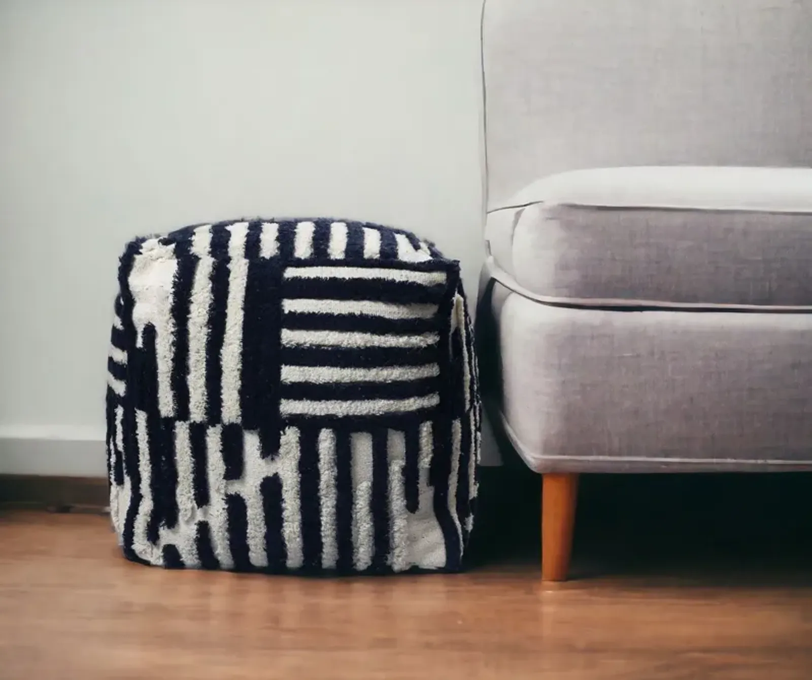 Cotton Cube, Striped Pouf Ottoman - Blue