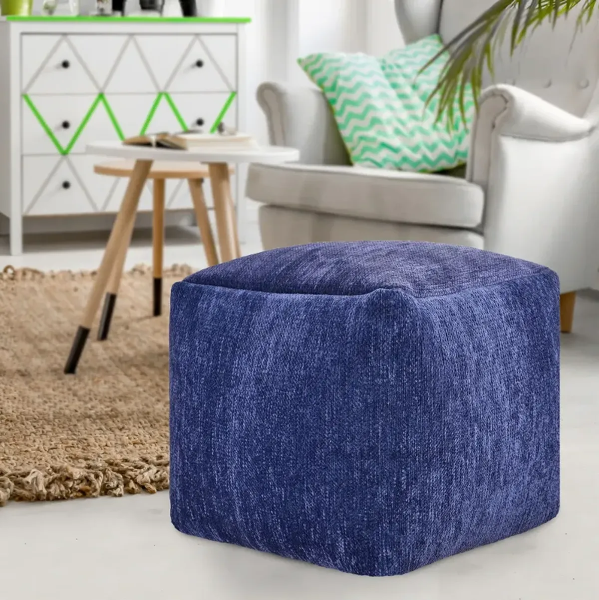 Chenille, Cube Pouf Ottoman - Blue