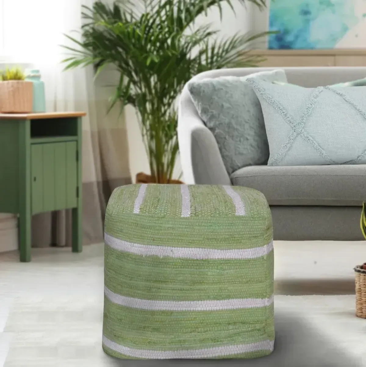 Cotton Cube Striped Pouf Ottoman - Green