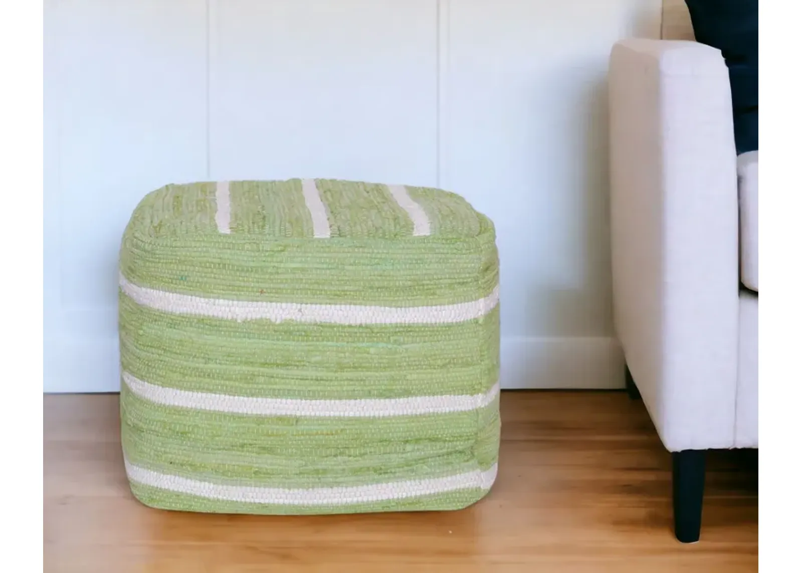 Cotton Cube Striped Pouf Ottoman - Green