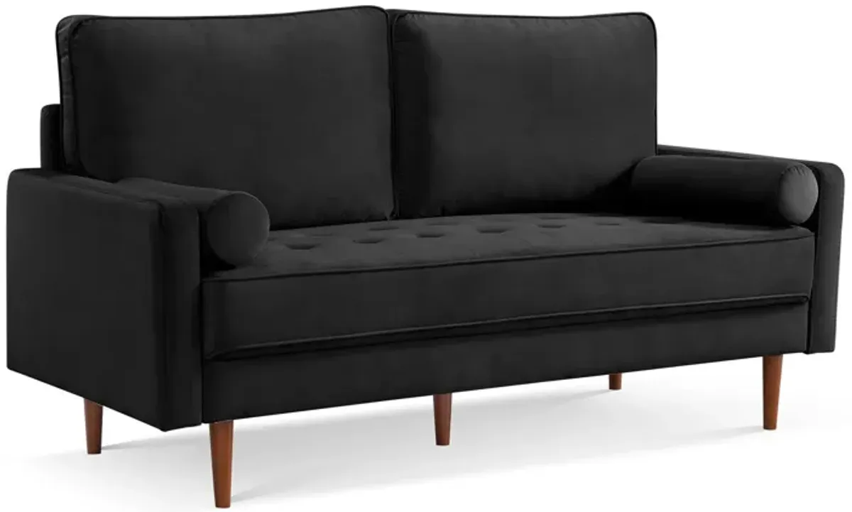 Velvet Sofa And Toss Pillows With Dark Brown Legs - Black