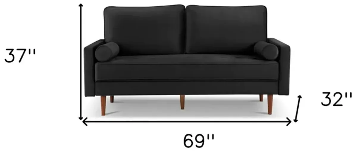 Velvet Sofa And Toss Pillows With Dark Brown Legs - Black