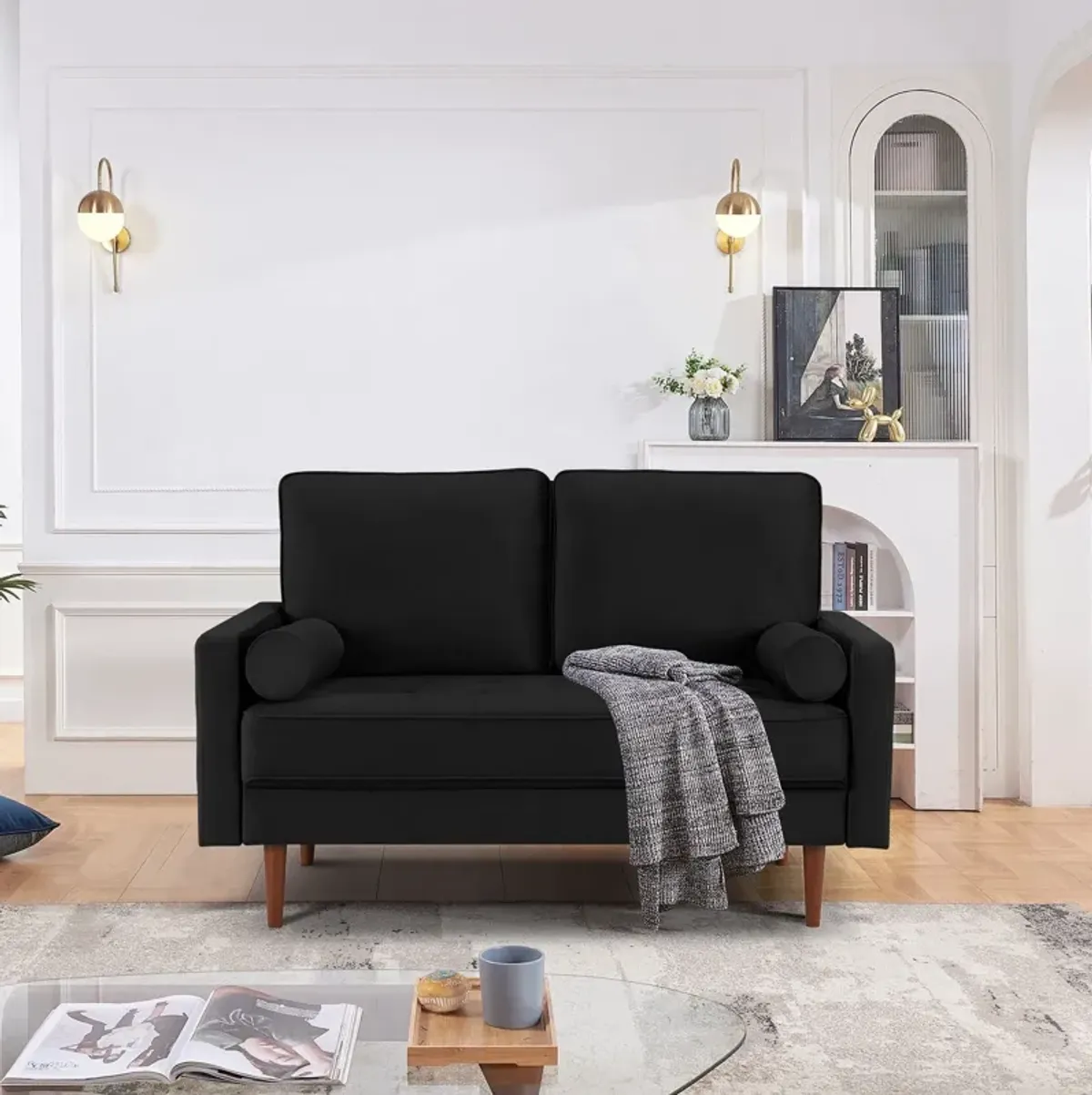 Velvet Loveseat And Toss Pillows - Black / Dark Brown