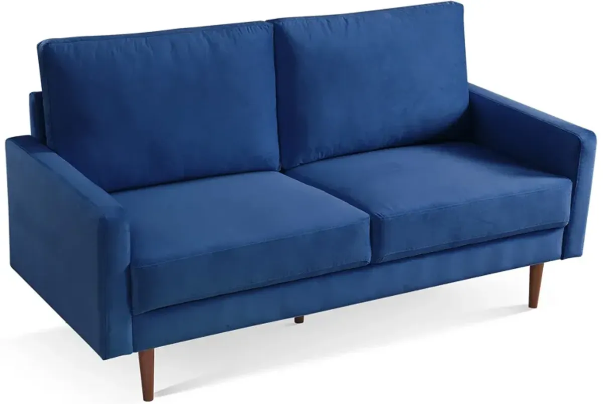 Velvet Sofa With Dark Brown Legs - Blue