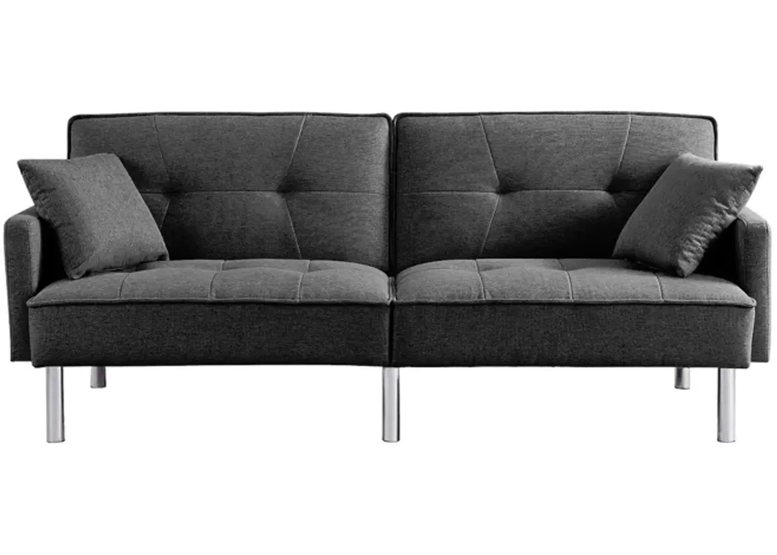 Polyester Blend Convertible Futon Sleeper Sofa And Toss Pillows With Silver Legs - Dark Gray