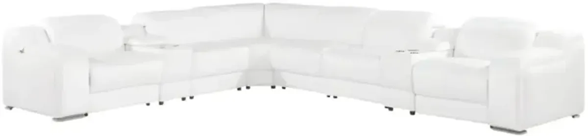 Italian Leather Power Reclining L Shaped Eight Piece Corner Sectional With Console - White