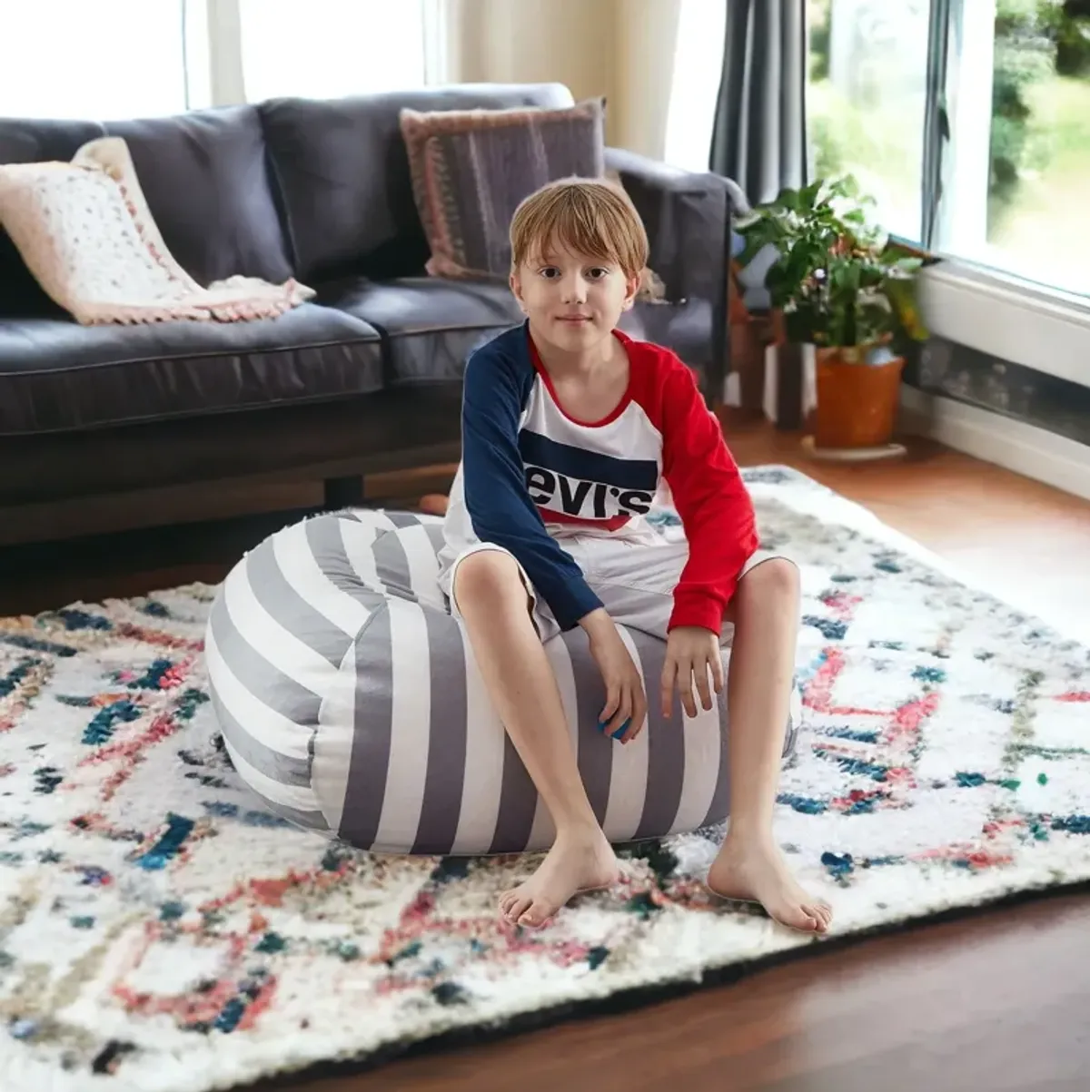 Microfiber Round Striped Pouf Cover - Gray / White