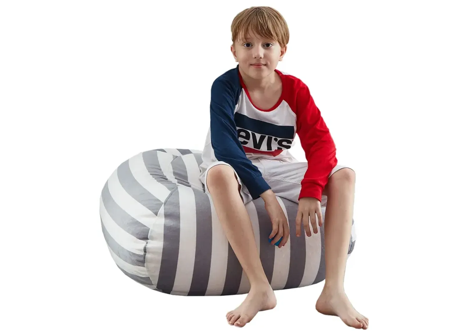 Microfiber Round Striped Pouf Cover - Gray / White