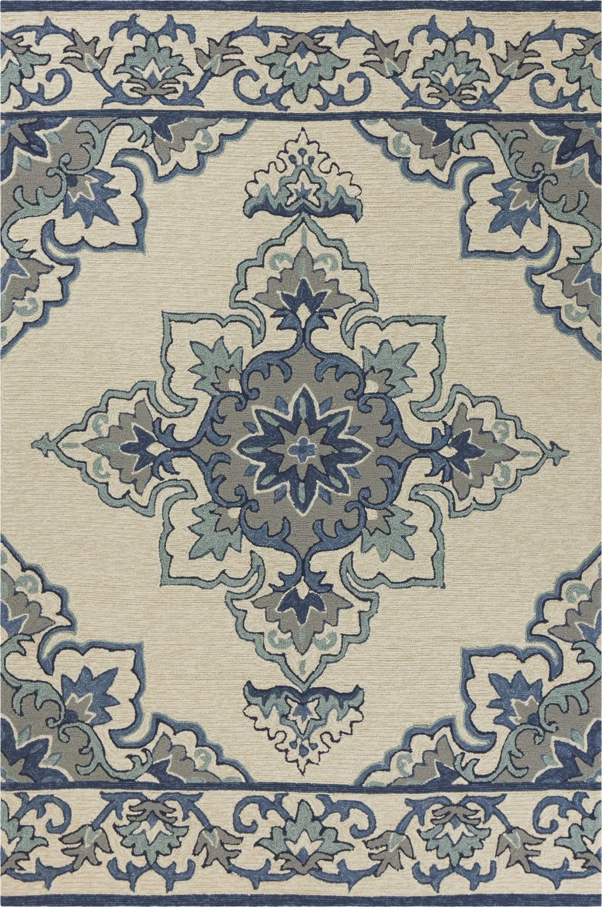 5' X 7' Vines Bordered UV Treated Indoor / Outdoor Area Rug - Ivory / Blue